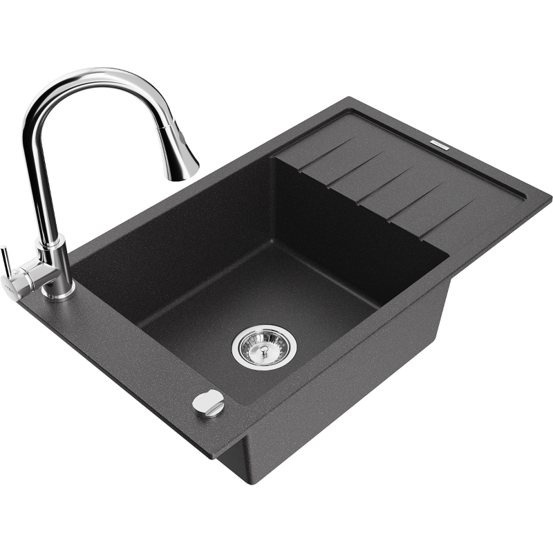 Mexen Elias 1-compartment granite sink with a drip tray and kitchen mixer tap Elia, spotted black - 6511-76-670101-00