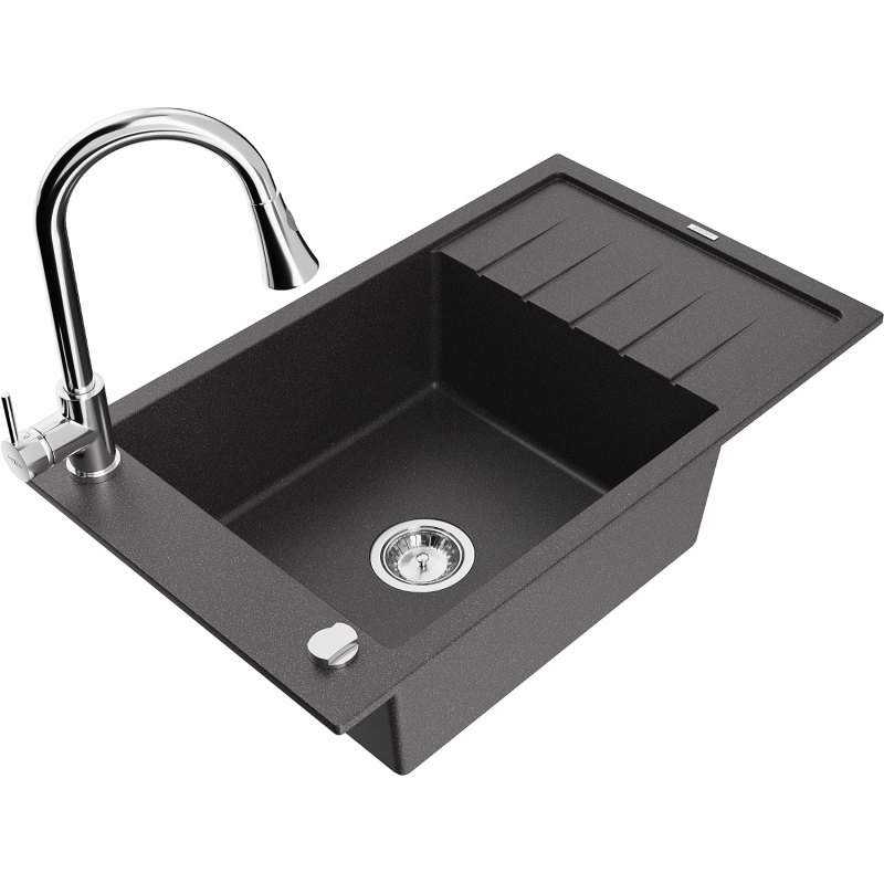 Mexen Elias granite sink 1-bowl with drainer and kitchen tap Elia, black speckled - 6511-76-670101-00
