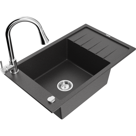 Mexen Elias 1-bowl granite sink with drainer and Elia kitchen faucet, spotted black - 6511-76-670101-00