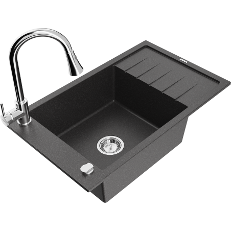 Mexen Elias granite sink: 1-bowl with drainer and kitchen faucet Elia, black speckled - 6511-76-670101-00
