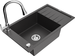 Mexen Elias 1-bowl granite sink with drainer and Elia kitchen faucet, spotted black - 6511-76-670101-00