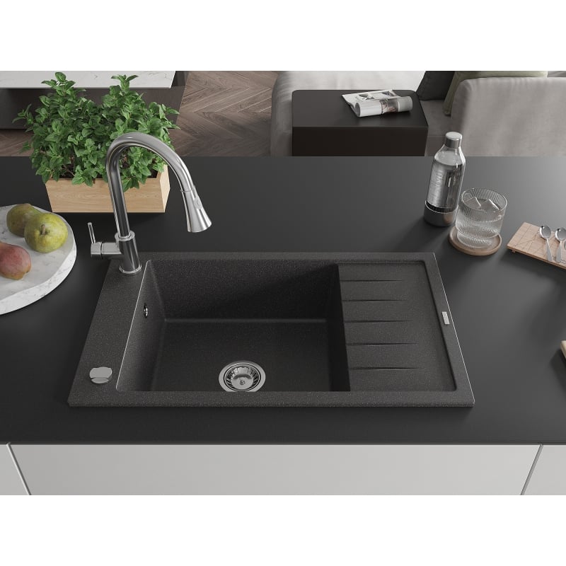Mexen Elias 1-bowl granite sink with drainer and Elia kitchen faucet, spotted black - 6511-76-670101-00