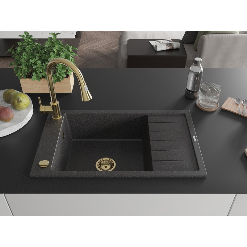 Mexen Elias granite kitchen sink 1-bowl with drainer and kitchen faucet Elia, black speckled - 6511-76-670101-50