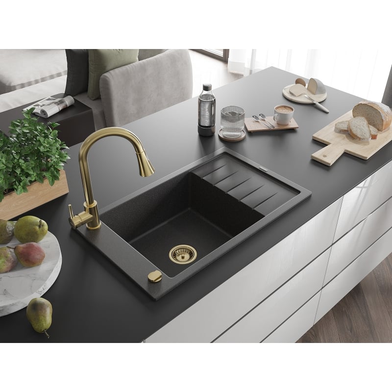 Mexen Elias 1-bowl granite sink with drainer and Elia kitchen faucet, speckled black - 6511-76-670101-50