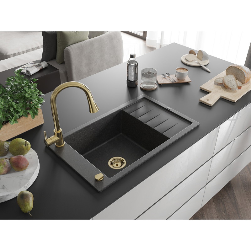 Mexen Elias granite kitchen sink 1-bowl with drainer and kitchen faucet Elia, black speckled - 6511-76-670101-50