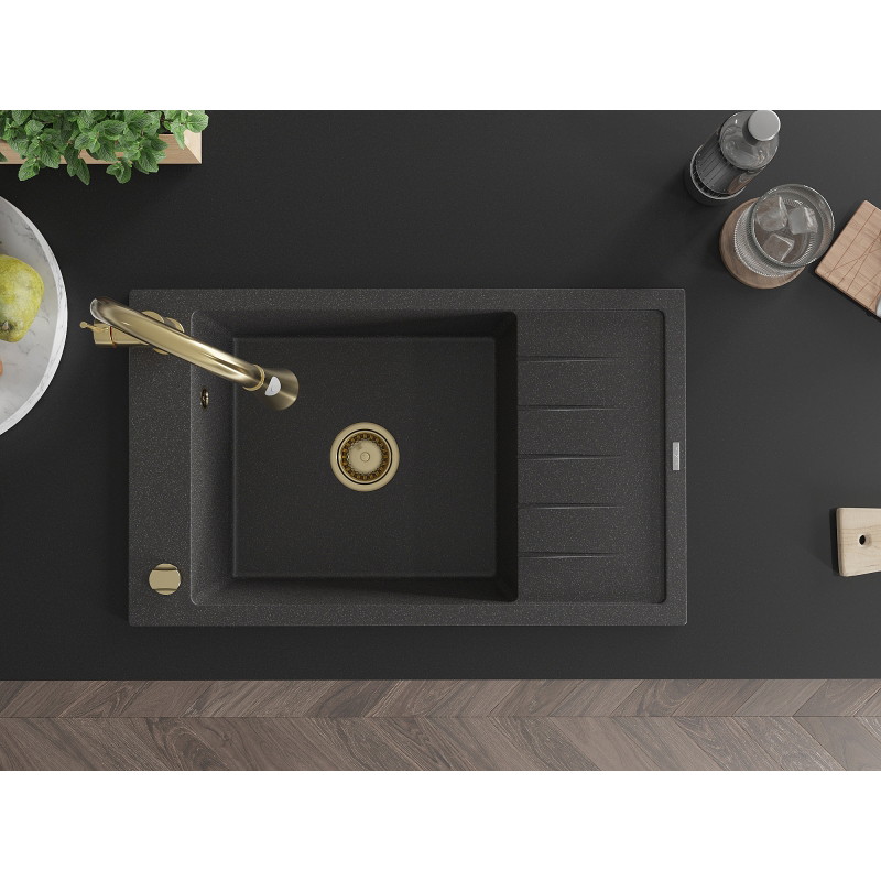 Mexen Elias 1-bowl granite sink with drainer and Elia kitchen faucet, speckled black - 6511-76-670101-50