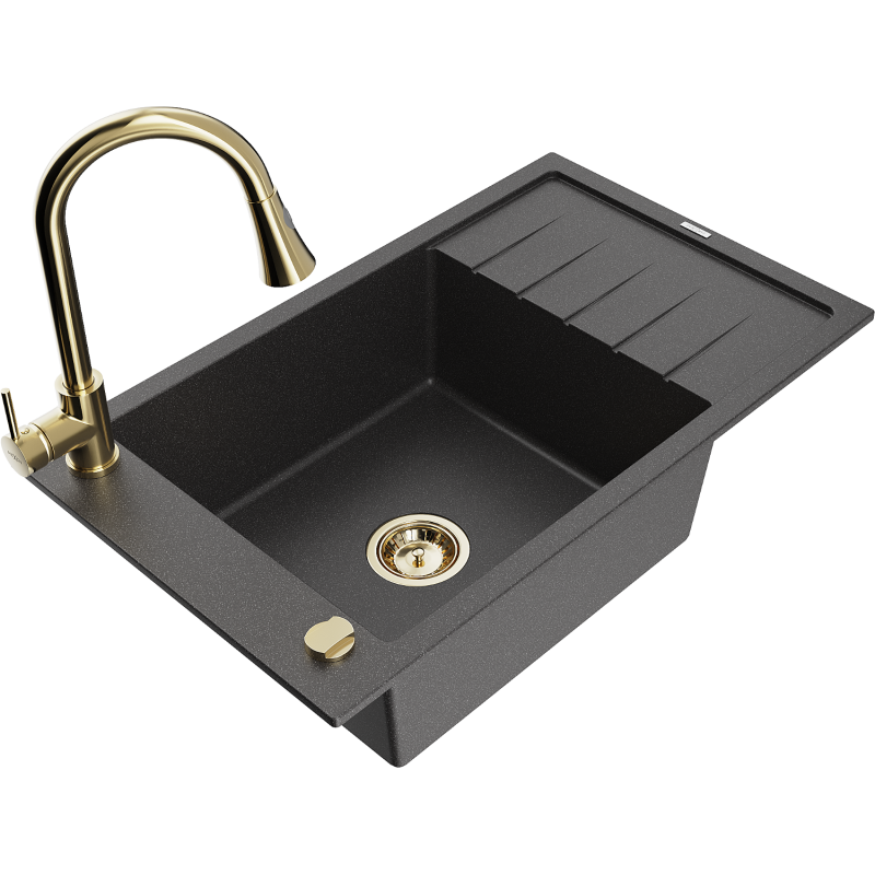 Mexen Elias 1-compartment granite sink with a drip tray and kitchen mixer tap Elia, spotted black - 6511-76-670101-50