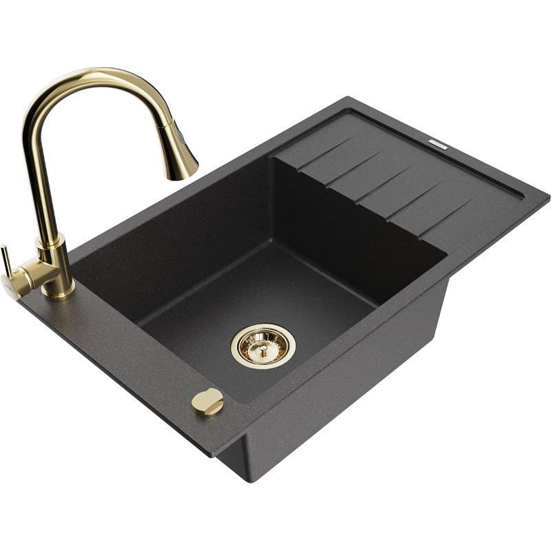 Mexen Elias granite kitchen sink 1-bowl with drainer and kitchen faucet Elia, black speckled - 6511-76-670101-50