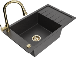 Mexen Elias granite kitchen sink 1-bowl with drainer and kitchen faucet Elia, black speckled - 6511-76-670101-50