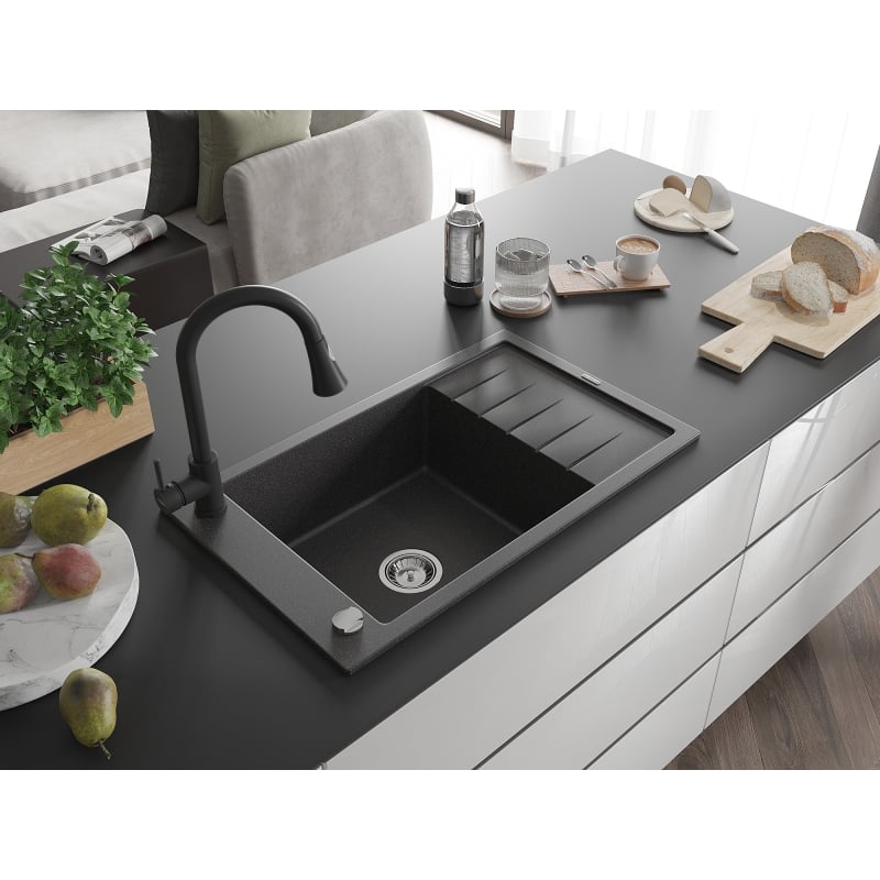 Mexen Elias 1-Bowl Granite Sink with Drainer and Kitchen Faucet Elia, Black Speckled - 6511-76-670101-70
