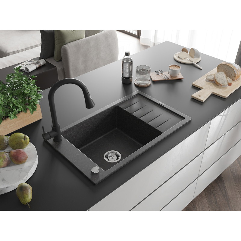 Mexen Elias 1-bowl granite sink with draining board and Elia kitchen faucet, speckled black - 6511-76-670101-70