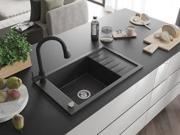 Mexen Elias 1-Bowl Granite Sink with Drainer and Kitchen Faucet Elia, Black Speckled - 6511-76-670101-70