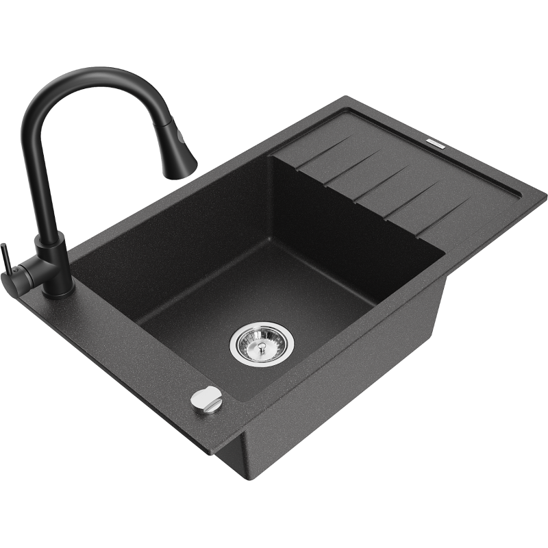 Mexen Elias 1-compartment granite sink with a drip tray and kitchen mixer tap Elia, spotted black - 6511-76-670101-70