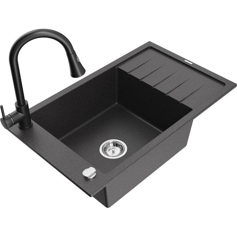 Mexen Elias granite sink 1-bowl with drainer and Elia kitchen tap, black speckled - 6511-76-670101-70