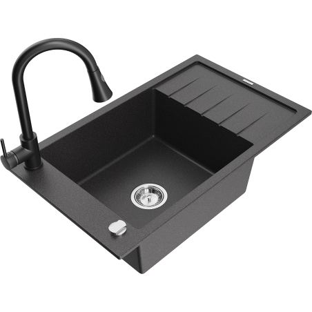 Mexen Elias 1-bowl granite sink with draining board and Elia kitchen faucet, speckled black - 6511-76-670101-70