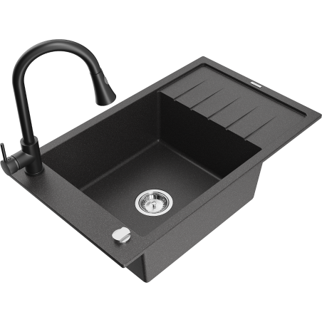 Mexen Elias 1-compartment granite sink with a drip tray and kitchen mixer tap Elia, spotted black - 6511-76-670101-70