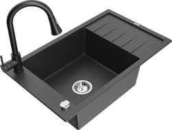 Mexen Elias 1-compartment granite sink with a drip tray and kitchen mixer tap Elia, spotted black - 6511-76-670101-70