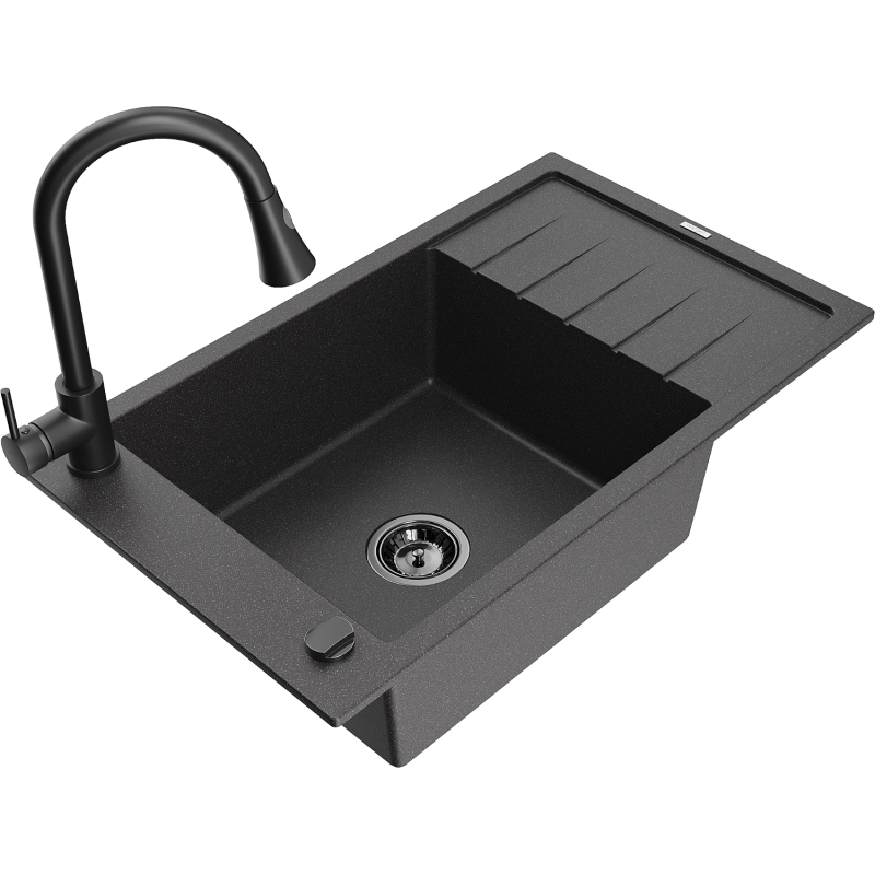 Mexen Elias 1-bowl granite sink with drainer and Elia kitchen tap, black speckled - 6511-76-670101-70-B