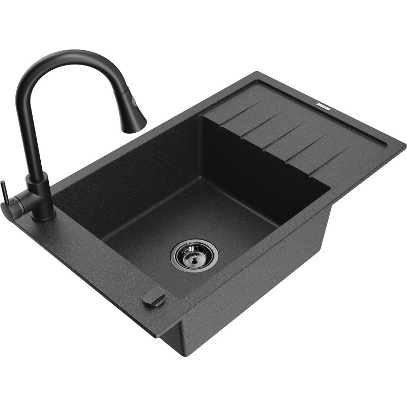 Mexen Elias 1-bowl granite sink with drainer and kitchen faucet Elia, speckled black - 6511-76-670101-70-B