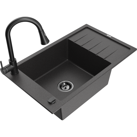 Mexen Elias 1-bowl granite sink with drainer and Elia kitchen tap, black speckled - 6511-76-670101-70-B