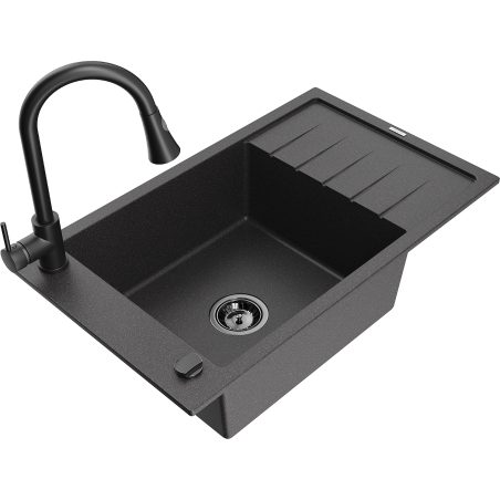Mexen Elias 1-bowl granite sink with drainer and kitchen faucet Elia, speckled black - 6511-76-670101-70-B