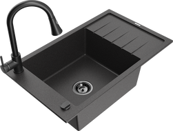 Mexen Elias 1-bowl granite sink with drainer and kitchen faucet Elia, speckled black - 6511-76-670101-70-B
