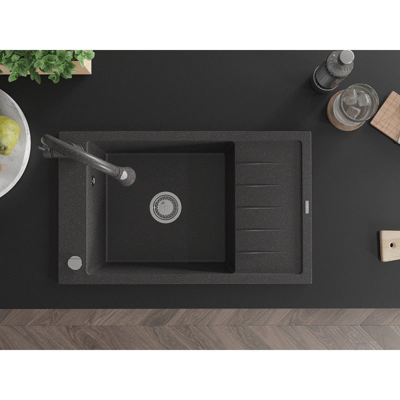 Mexen Elias granite sink 1-bowl with drainer and kitchen tap Elia, black speckled - 6511-76-670101-76