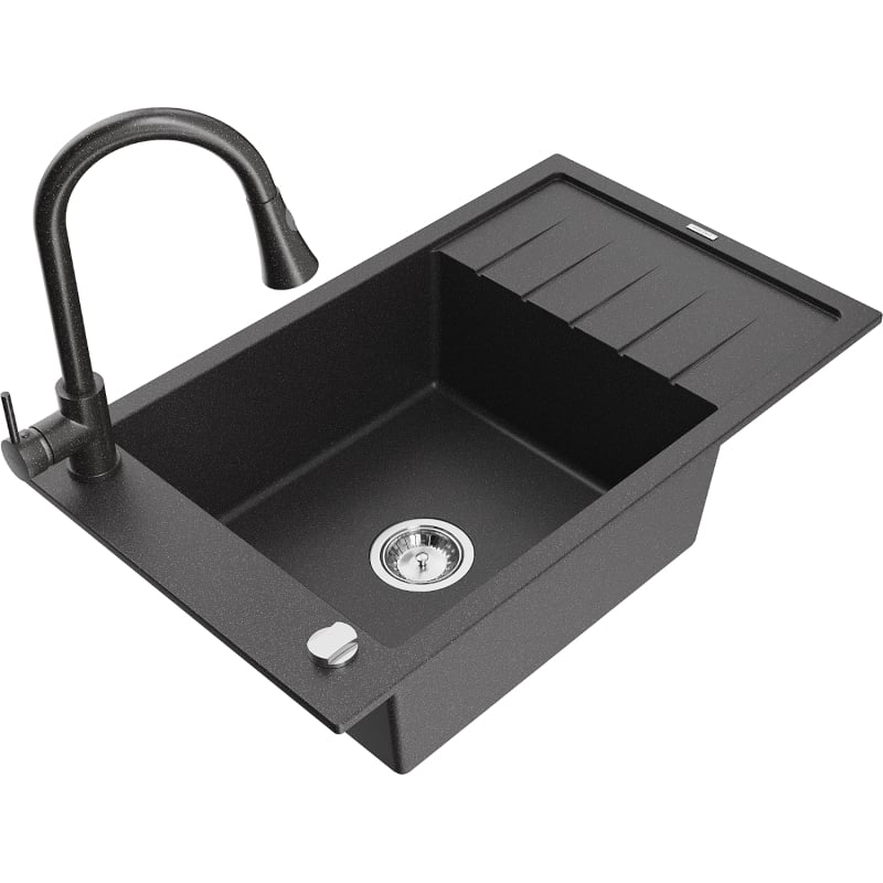 Mexen Elias 1-Bowl Granite Sink with Drainer and Kitchen Faucet Elia, Speckled Black - 6511-76-670101-76