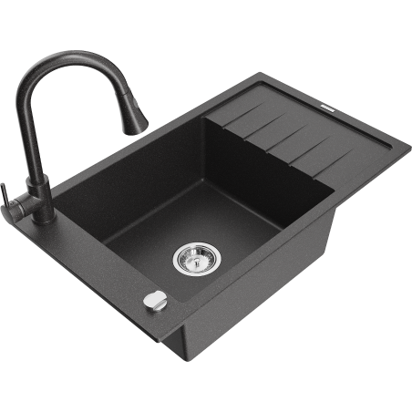 Mexen Elias granite sink 1-bowl with drainer and Elia kitchen faucet, black speckled - 6511-76-670101-76