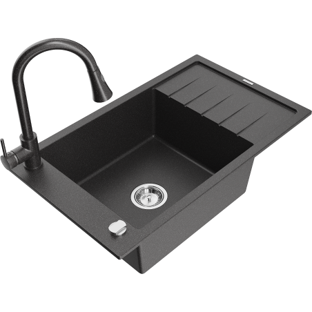 Mexen Elias granite sink 1-bowl with drainer and kitchen tap Elia, black speckled - 6511-76-670101-76