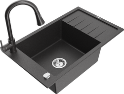 Mexen Elias granite sink 1-bowl with drainer and Elia kitchen faucet, black speckled - 6511-76-670101-76
