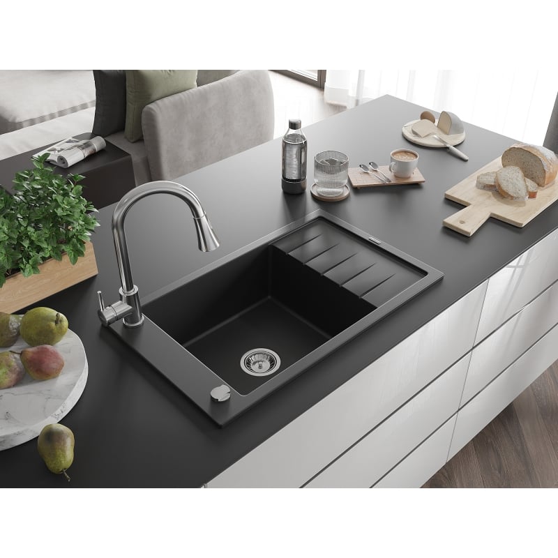 Mexen Elias granite kitchen sink 1-bowl with drainer and kitchen faucet Elia, black - 6511-77-670101-00