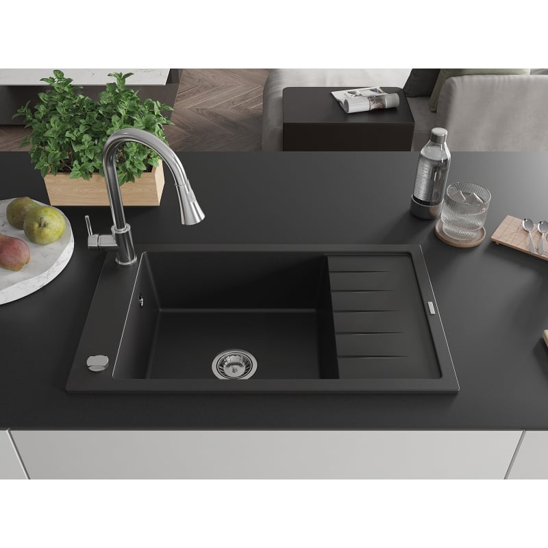 Mexen Elias granite kitchen sink 1-bowl with drainer and kitchen faucet Elia, black - 6511-77-670101-00