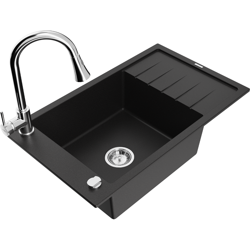 Mexen Elias 1-compartment granite sink with a drip tray and kitchen mixer tap Elia, Black - 6511-77-670101-00
