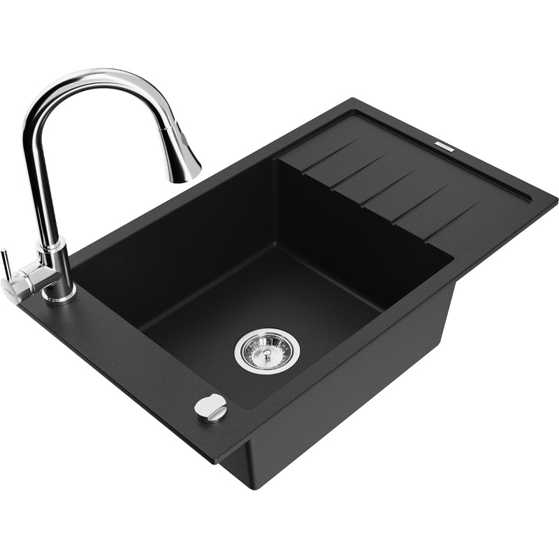 Mexen Elias granite kitchen sink 1-bowl with drainer and kitchen faucet Elia, black - 6511-77-670101-00