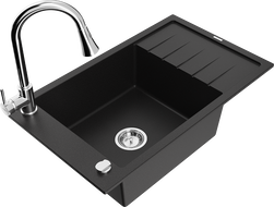 Mexen Elias granite sink, 1-bowl with drainer and Elia kitchen tap, black - 6511-77-670101-00
