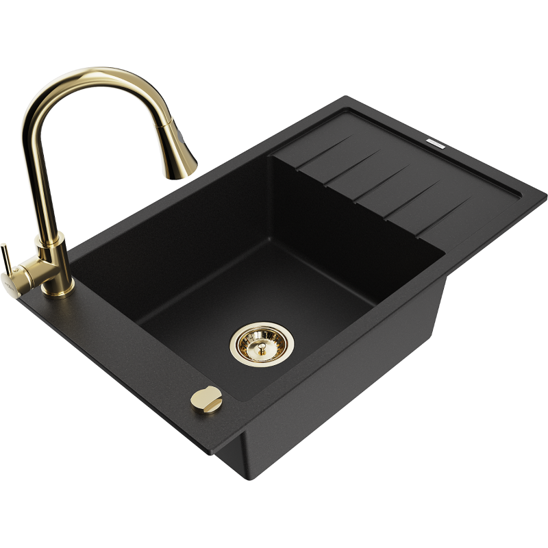 Mexen Elias 1-compartment granite sink with a drip tray and kitchen mixer tap Elia, Black - 6511-77-670101-50