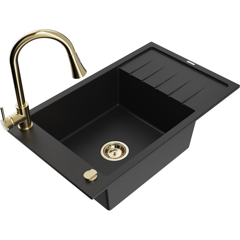 Mexen Elias granite kitchen sink single-bowl with drainer and Elia kitchen faucet, black - 6511-77-670101-50