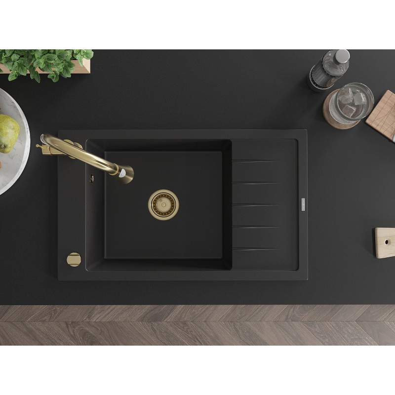 Mexen Elias granite kitchen sink single-bowl with drainer and Elia kitchen faucet, black - 6511-77-670101-50