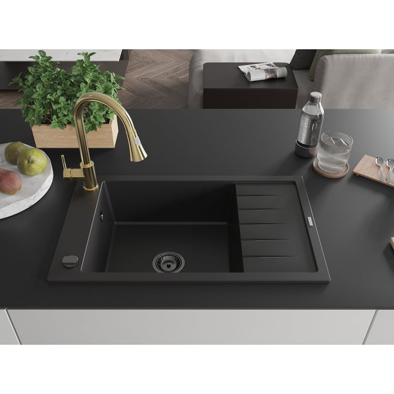 Mexen Elias granite kitchen sink 1-bowl with drainer and kitchen faucet Elia, black - 6511-77-670101-50-B