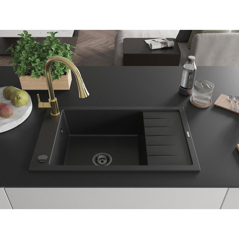 Mexen Elias granite sink 1-bowl with drainer and kitchen tap Elia, black - 6511-77-670101-50-B