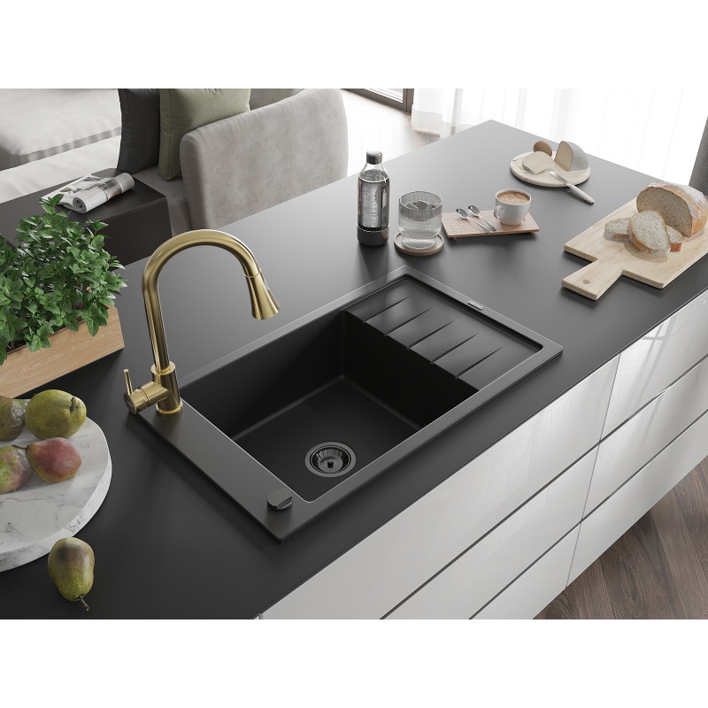 Mexen Elias granite kitchen sink 1-bowl with drainer and Elia kitchen faucet, black - 6511-77-670101-50-B