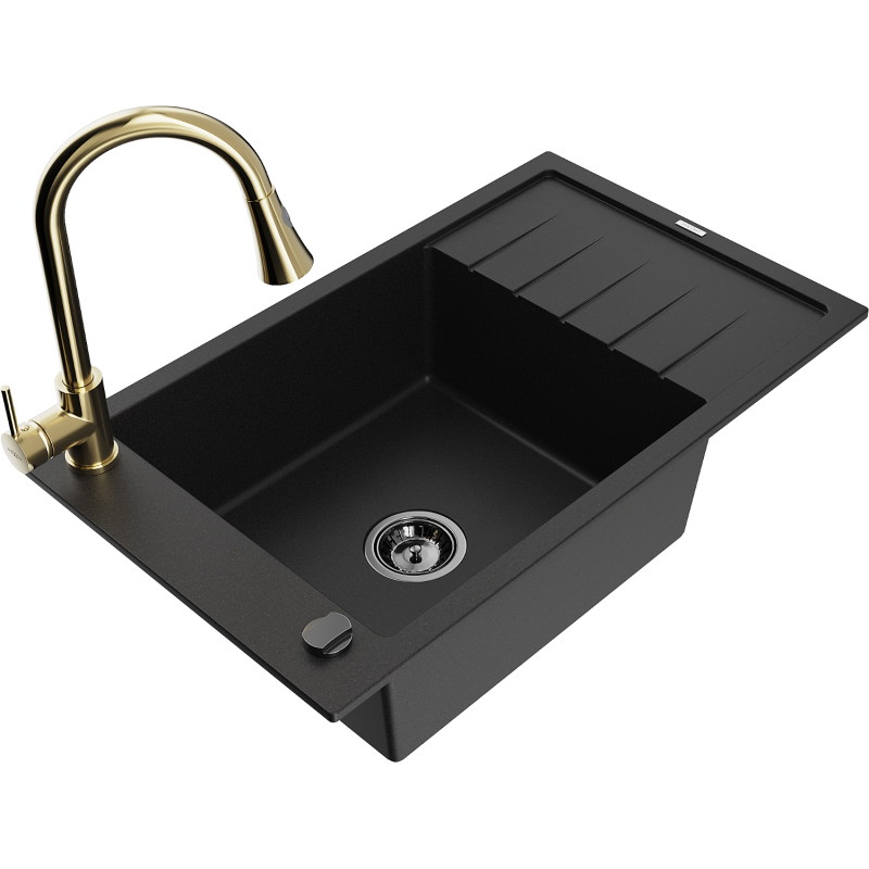 Mexen Elias granite kitchen sink 1-bowl with drainer and kitchen faucet Elia, black - 6511-77-670101-50-B