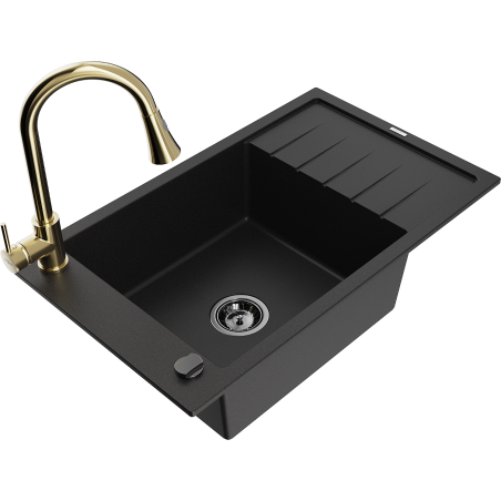 Mexen Elias granite kitchen sink 1-bowl with drainer and kitchen faucet Elia, black - 6511-77-670101-50-B