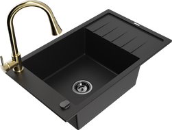 Mexen Elias granite kitchen sink 1-bowl with drainer and Elia kitchen faucet, black - 6511-77-670101-50-B