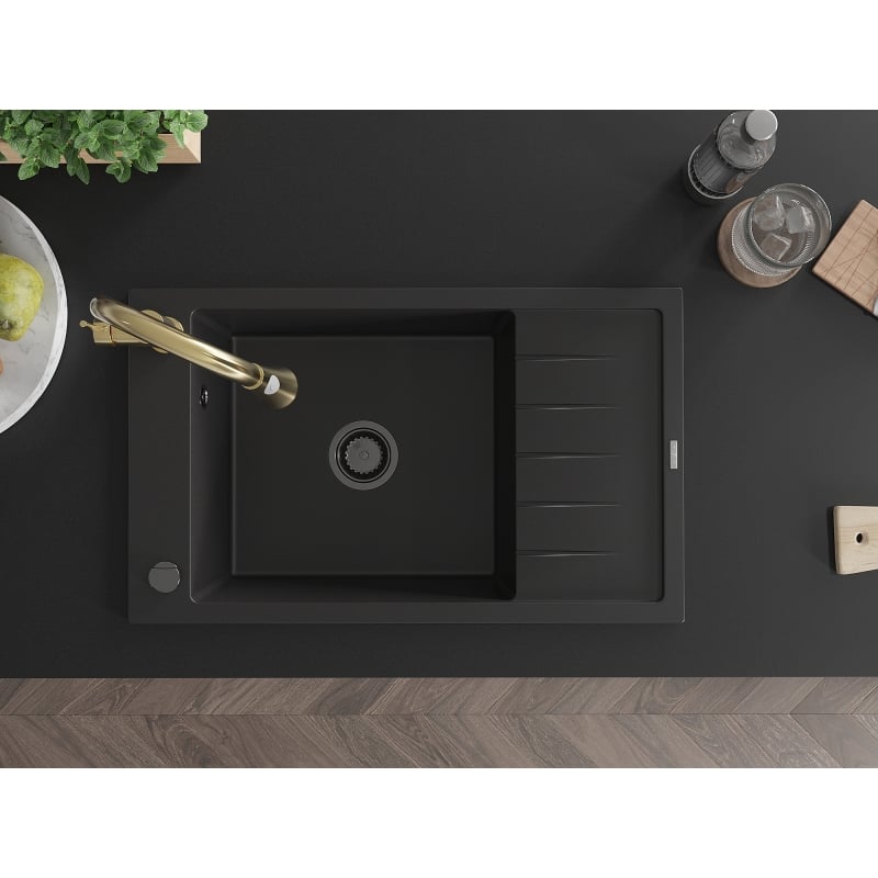 Mexen Elias granite kitchen sink 1-bowl with drainer and kitchen faucet Elia, black - 6511-77-670101-50-B