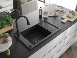 Mexen Elias 1-compartment granite sink with a drip tray and kitchen mixer tap Elia, Black - 6511-77-670101-70-B