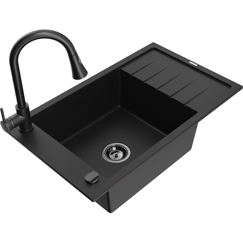 Mexen Elias 1-compartment granite sink with a drip tray and kitchen mixer tap Elia, Black - 6511-77-670101-70-B