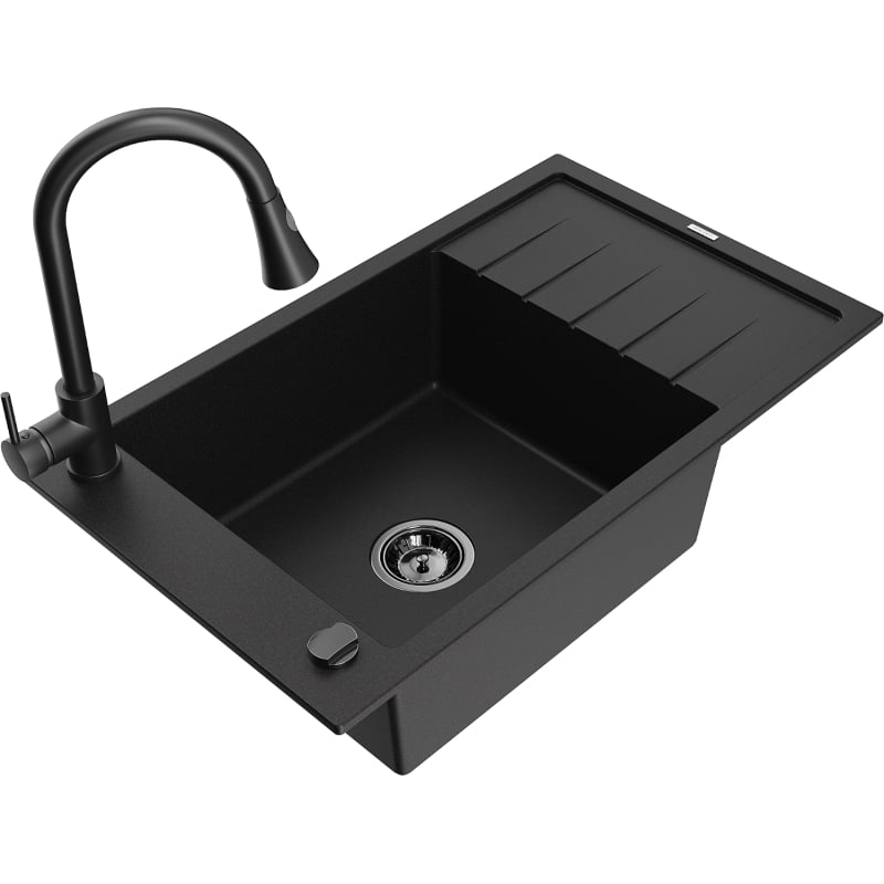 Mexen Elias granite sink 1-bowl with drainer and kitchen faucet Elia, black - 6511-77-670101-70-B