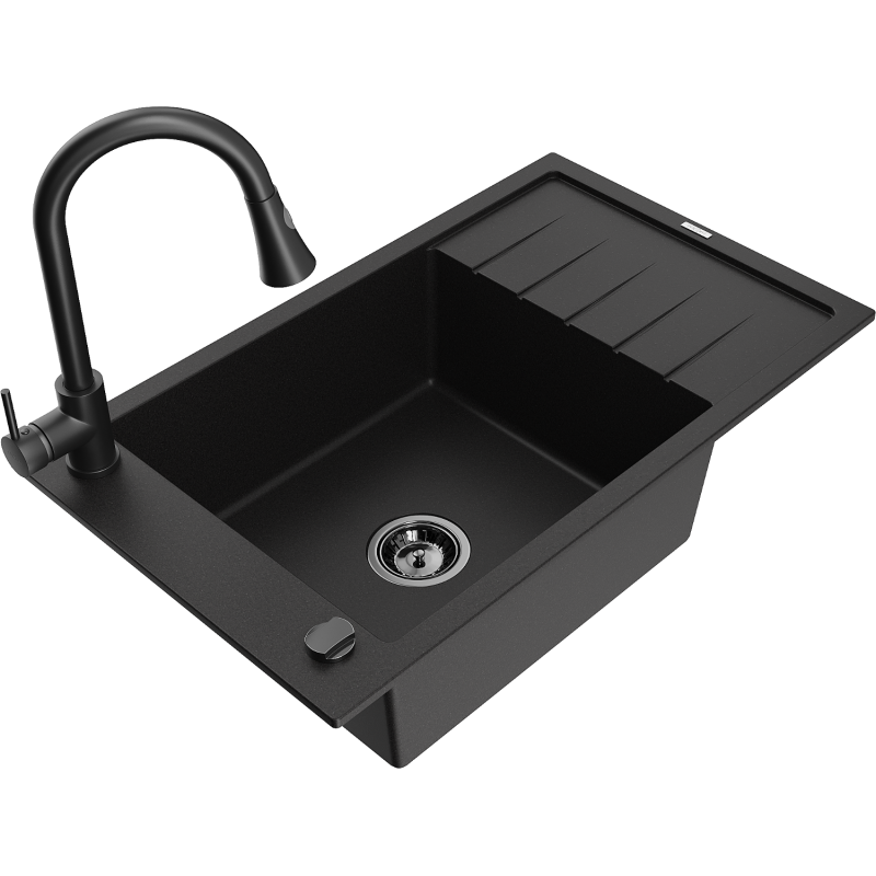 Mexen Elias single-bowl granite sink with drainer and Elia kitchen tap, black - 6511-77-670101-70-B